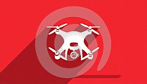 Quadcopter long shadow glyph icon. Style is a flat symbol on a red rounded