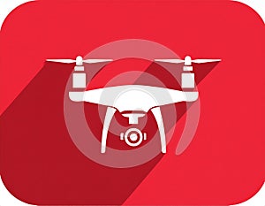 Quadcopter long shadow glyph icon. Style is a flat symbol on a red rounded