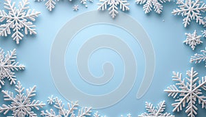 Winter Snowflake Frame on Light Blue Background with Copy Space