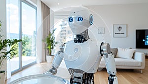 Domestic robot with tray in modern home