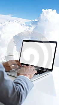 Man Using laptop with blank screen work on Blank screen computer Cloud computing