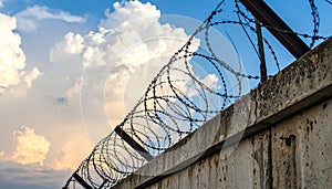 Barbed wire fencing on a sky background. Close up