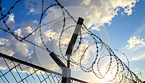 Barbed wire fencing on a sky background. Close up