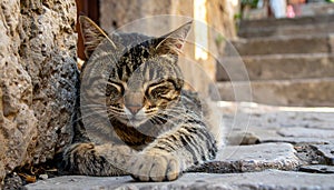 a cat sleeping on the steps