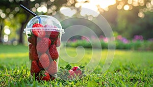 Soft Focus Strawberry in plastic cup in a park.- (Selective focus)