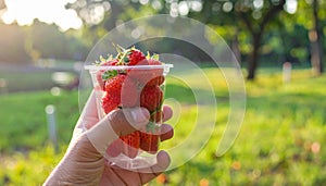 Soft Focus Strawberry in plastic cup in a park.- (Selective focus)