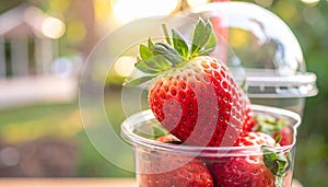 Soft Focus Strawberry in plastic cup in a park.- (Selective focus)