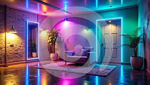 Futuristic Interior with Vibrant Neon Lights