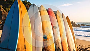 Surfboards Lined Up on a Beach at Sunset