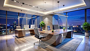 Modern Office with City View at Night