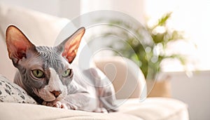 Cute sphynx cat on sofa at home, space for text