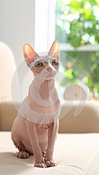 Cute sphynx cat on sofa at home, space for text