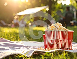 Popcorn and drink on blanket in open air cinema. Space for text