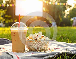 Popcorn and drink on blanket in open air cinema. Space for text
