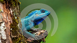 Blue-crested Lizard on tree with green background.