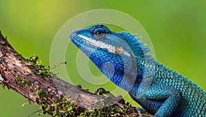 Blue-crested Lizard on tree with green background.