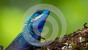 Blue-crested Lizard on tree with green background.