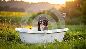 Cute Dog bathing in the tub