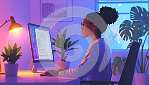 Focused African American Woman Coding at Night