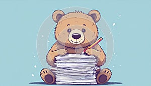 Studious Cartoon Teddy Bear Writing on Paper Stack