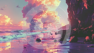 Dramatic Sunset Over Tropical Beach with Fiery Clouds and Reflective Shore