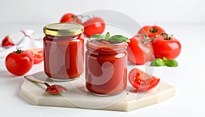 Jars of tasty tomato paste, spoon and ingredients on white table