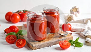 Jars of tasty tomato paste, spoon and ingredients on white table