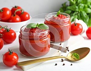 Jars of tasty tomato paste, spoon and ingredients on white table