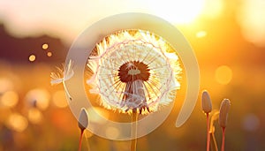 Dandelion backlighted by the sun. close up