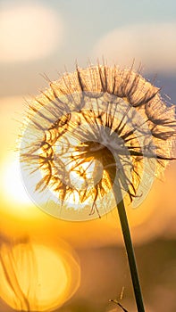 Dandelion backlighted by the sun. close up