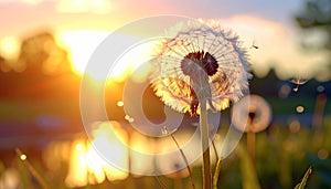 Dandelion backlighted by the sun. close up