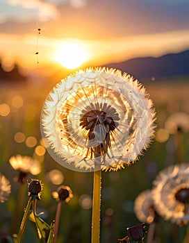 Dandelion backlighted by the sun. close up