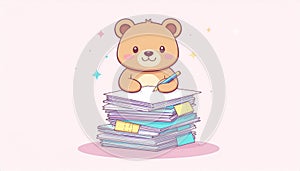 Cute Bear Writing on Paper Stack Illustration