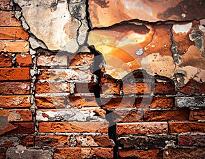 Close up brick cracked wall texture background, broken concept