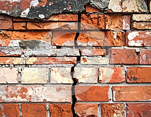 Close up brick cracked wall texture background, broken concept