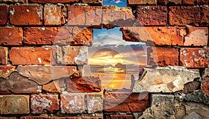 Close up brick cracked wall texture background, broken concept