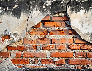 Close up brick cracked wall texture background, broken concept