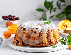 Delicious bundt cake with powdered sugar and fruit on a white marble table, closing