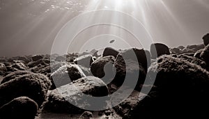 Ethereal Sunbeams Over Rocky Underwater Landscape with Fish