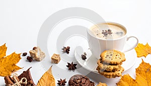 Calm autumn background with composition of coffee, biscuits and spicas on white, copy