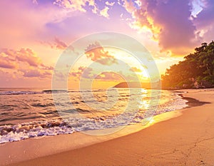 Dramatic sunrise sky and summer beach. Sunset sea background, vintage filter effect