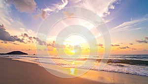 Dramatic sunrise sky and summer beach. Sunset sea background, vintage filter effect