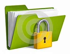 File protection. Green folder with documents and yellow padlock. Data security