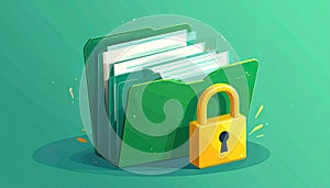 File protection. Green folder with documents and yellow padlock. Data security