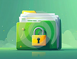 File protection. Green folder with documents and yellow padlock. Data security