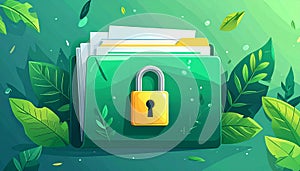 File protection. Green folder with documents and yellow padlock. Data security