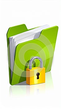 File protection. Green folder with documents and yellow padlock. Data security
