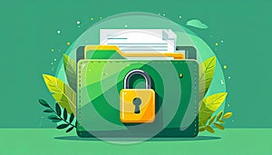 File protection. Green folder with documents and yellow padlock. Data security