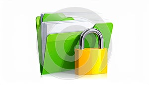 File protection. Green folder with documents and yellow padlock. Data security