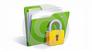 File protection. Green folder with documents and yellow padlock. Data security